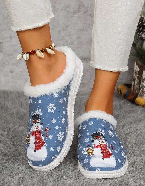 Load image into Gallery viewer, Snowman Print Flat Slippers with Faux Fur
