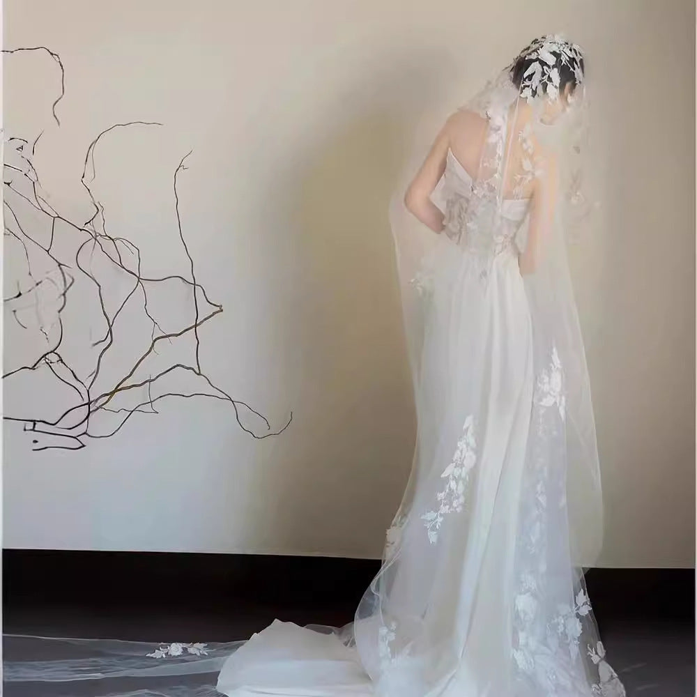 Satin Lace Wedding Veil Tube Top Fishtail Wedding Dress