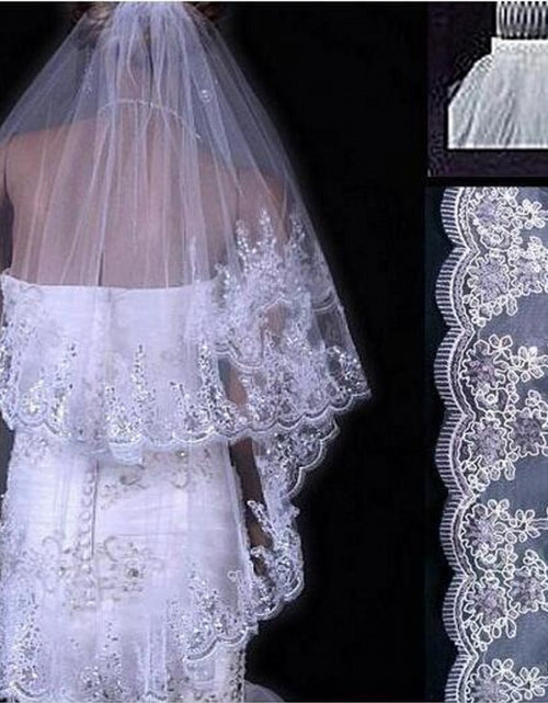 Load image into Gallery viewer, Bridal Sequined Polyester Veil Face Cover Two Layers Lace Sideband
