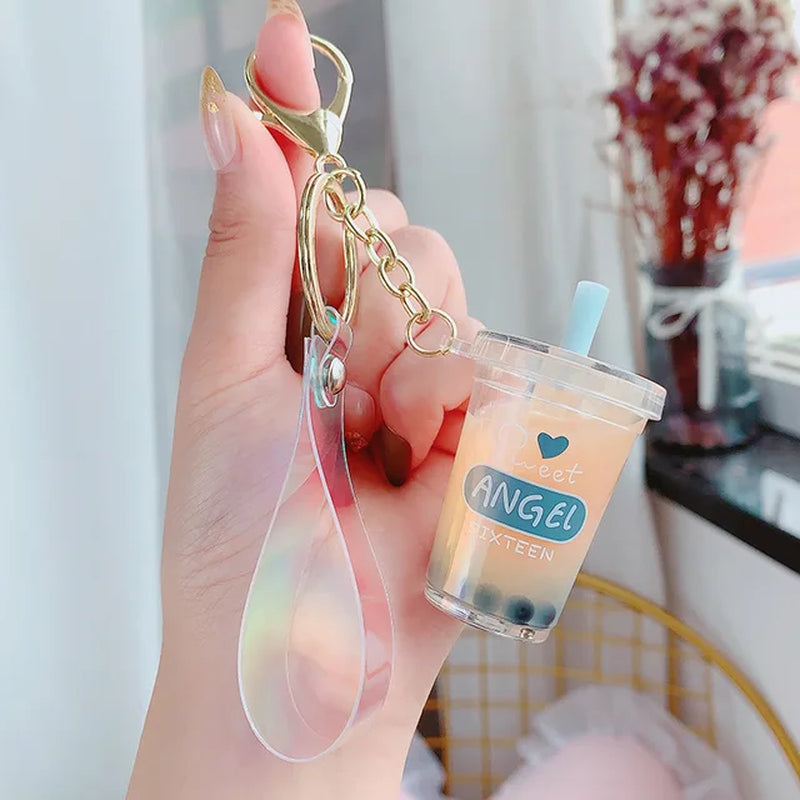 Creative Floating Unicorn Milk Tea Cup Bottle Keychain Cute Fruit Daisy Cat Bubble Tea Quicksand Sequins Liquid Car Keys Chain