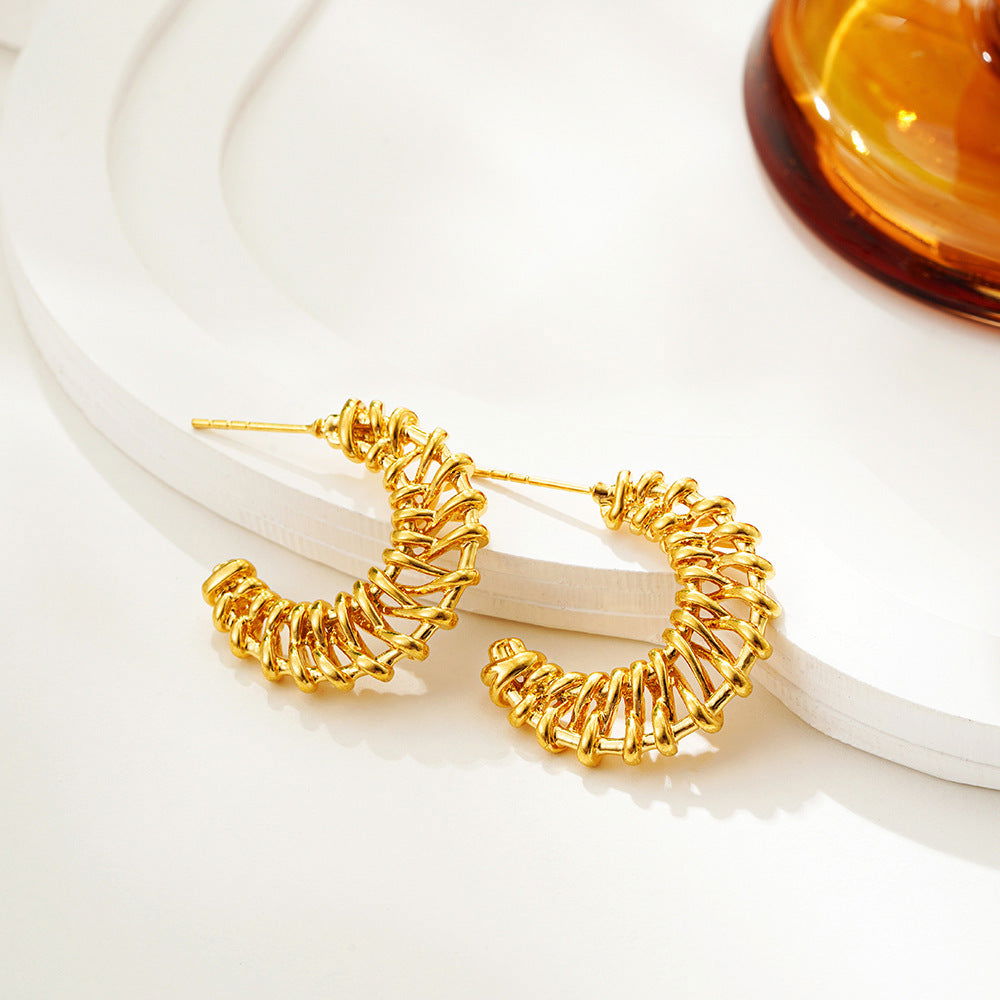 18K Gold Woven Crescent Stud Earrings For Women 2668south