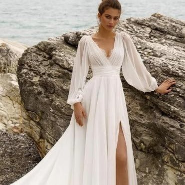 Load image into Gallery viewer, European And American High Waist Plus Size Deep V Long Sleeve Mopping Backless Wedding Dress High Slit
