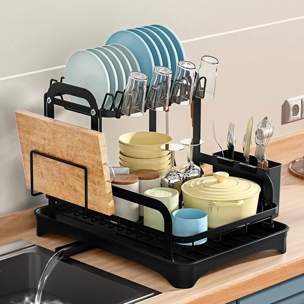 2 Tier Dish Bowl Drainer Storage Rack Kitchen Dish Drying Rack with Drain Basket Countertop Dinnerware Organizer Drainboard 2668south