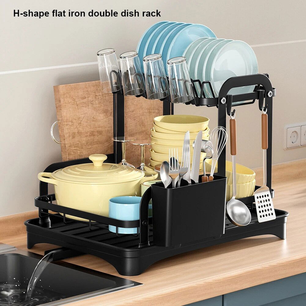 2 Tier Dish Bowl Drainer Storage Rack Kitchen Dish Drying Rack with Drain Basket Countertop Dinnerware Organizer Drainboard 2668south