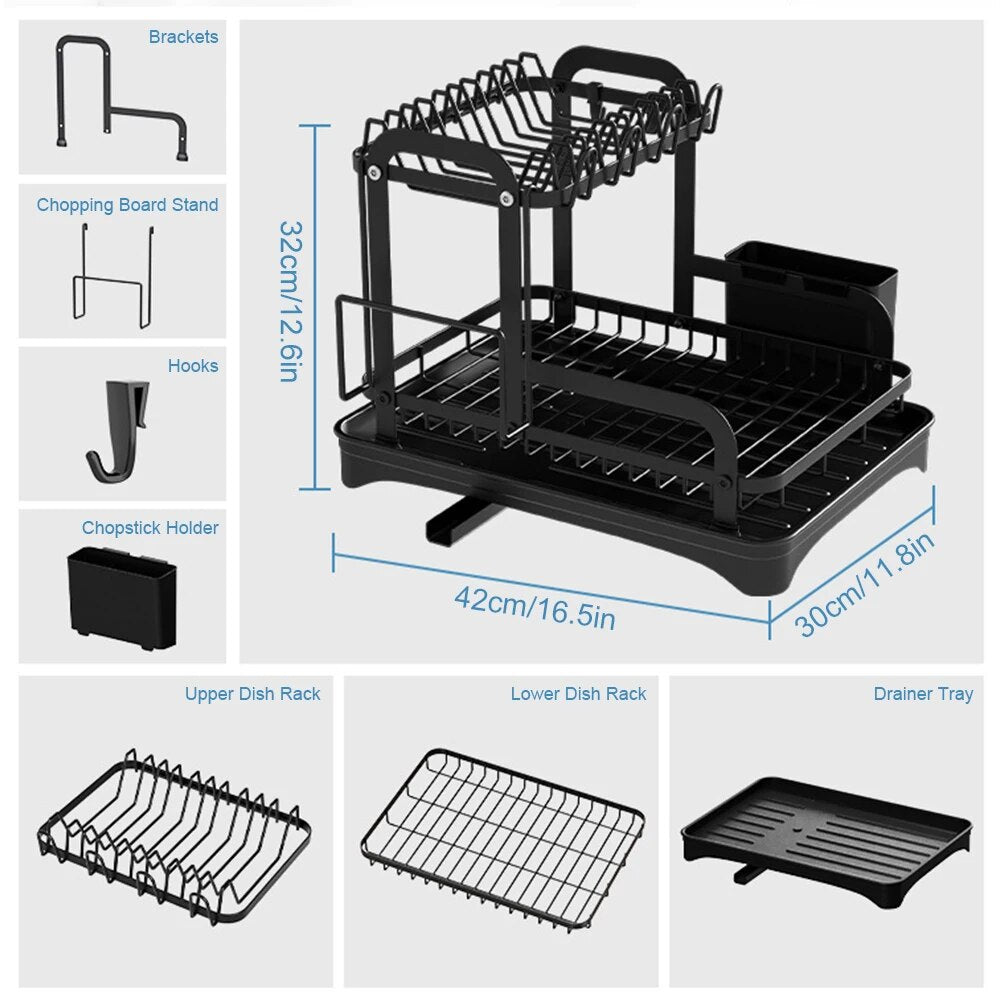 2 Tier Dish Bowl Drainer Storage Rack Kitchen Dish Drying Rack with Drain Basket Countertop Dinnerware Organizer Drainboard 2668south