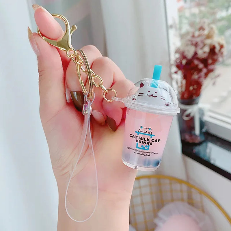 Creative Floating Unicorn Milk Tea Cup Bottle Keychain Cute Fruit Daisy Cat Bubble Tea Quicksand Sequins Liquid Car Keys Chain