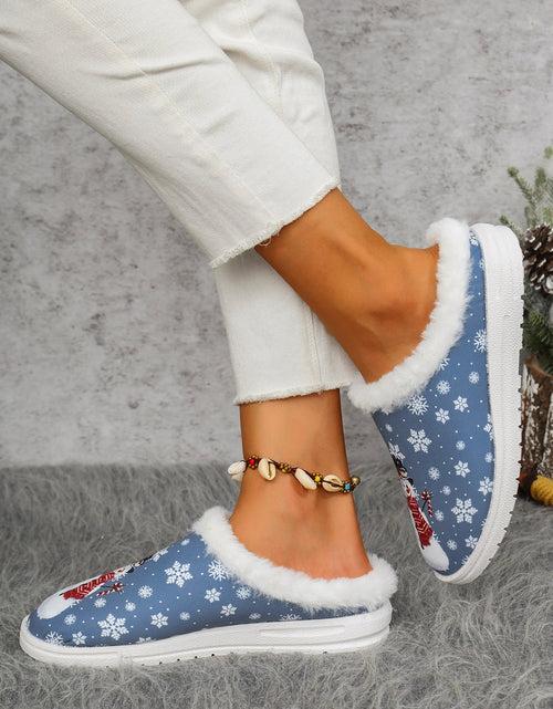 Load image into Gallery viewer, Snowman Print Flat Slippers with Faux Fur
