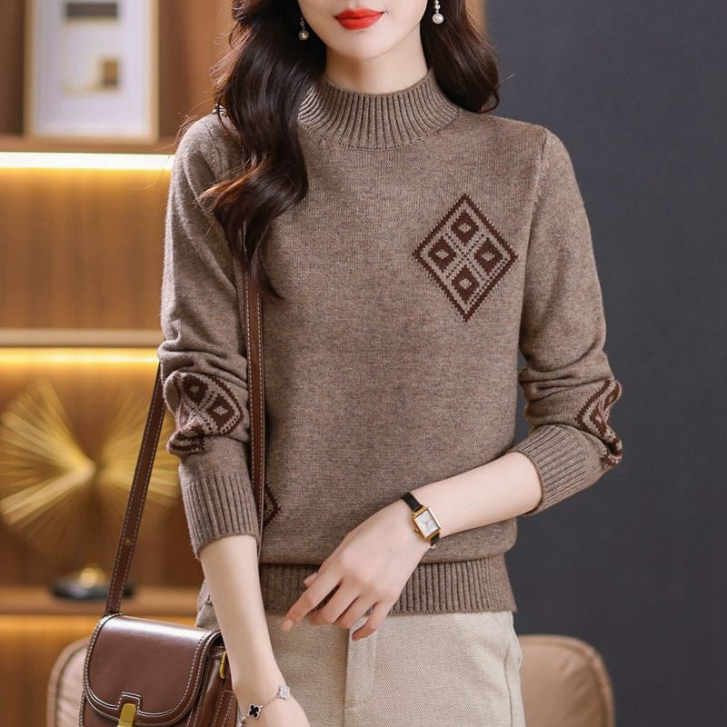 Winter Mock Neck Sweater Women's Western Style Top Plaid Colorblock Knitted My Store