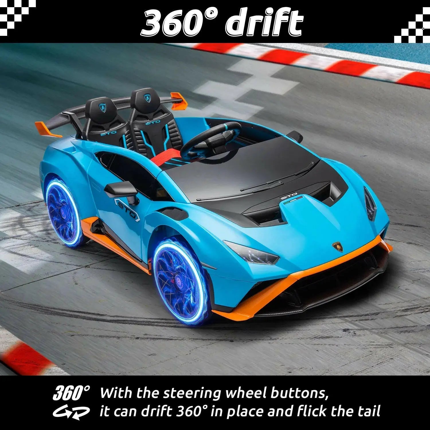 24V Kids Ride on Car, Licensed Lamborghini STO Electric Car for Boys Girls, 2-Seater Ride on Drift Car with Remote Control, Music, 360° Spin, Max Speed 6Mph, Blue 2668south