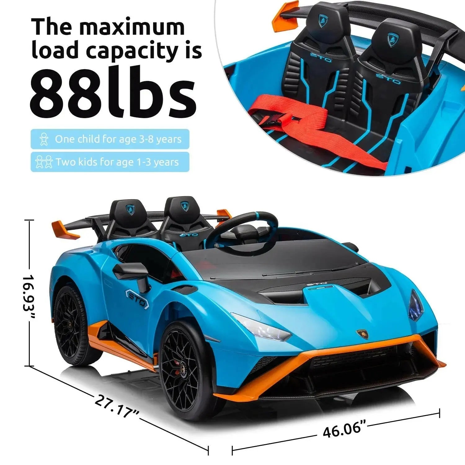 24V Kids Ride on Car, Licensed Lamborghini STO Electric Car for Boys Girls, 2-Seater Ride on Drift Car with Remote Control, Music, 360° Spin, Max Speed 6Mph, Blue 2668south