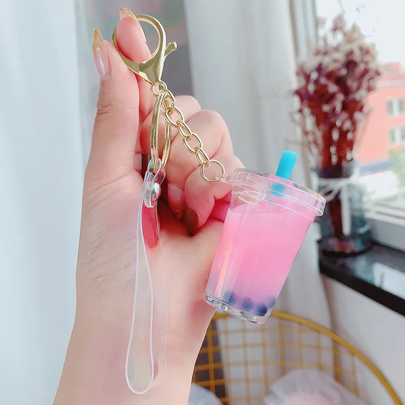 Creative Floating Unicorn Milk Tea Cup Bottle Keychain Cute Fruit Daisy Cat Bubble Tea Quicksand Sequins Liquid Car Keys Chain