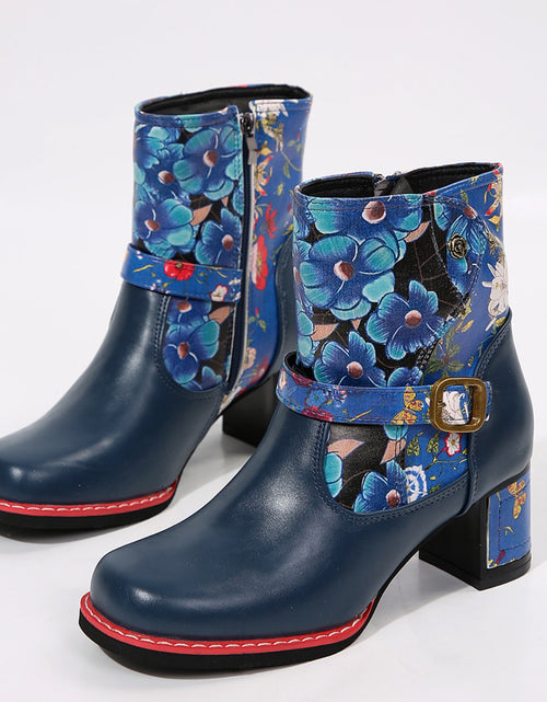 Load image into Gallery viewer, PU Leather Flower Block Heel Boots
