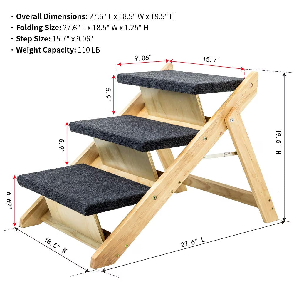 Wood Pet Stairs Pet Steps  Foldable 3 Levels Dog Stairs  Ramp Perfect For Beds And Cars Portable Dog Cat Ladder Up To 110 Pounds