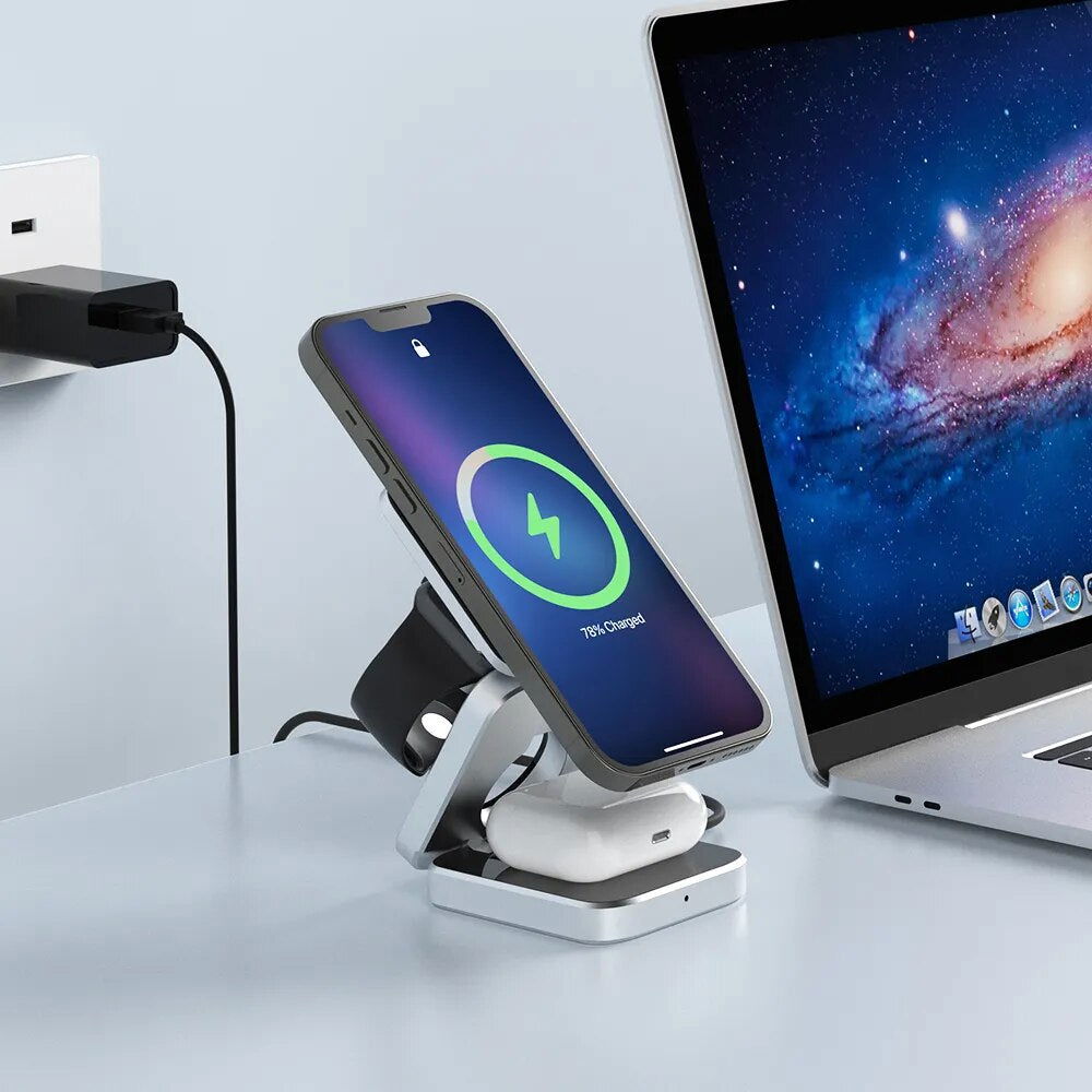 3 in 1 Foldable Magnetic Wireless Charger Stand for Iphone 15, 14, 13 Pro/Max/Plus, Airpods 3/2 Station Dock Fast Charger Holder 2668south