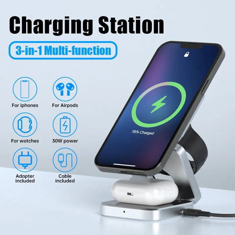 3 in 1 Foldable Magnetic Wireless Charger Stand for Iphone 15, 14, 13 Pro/Max/Plus, Airpods 3/2 Station Dock Fast Charger Holder 2668south