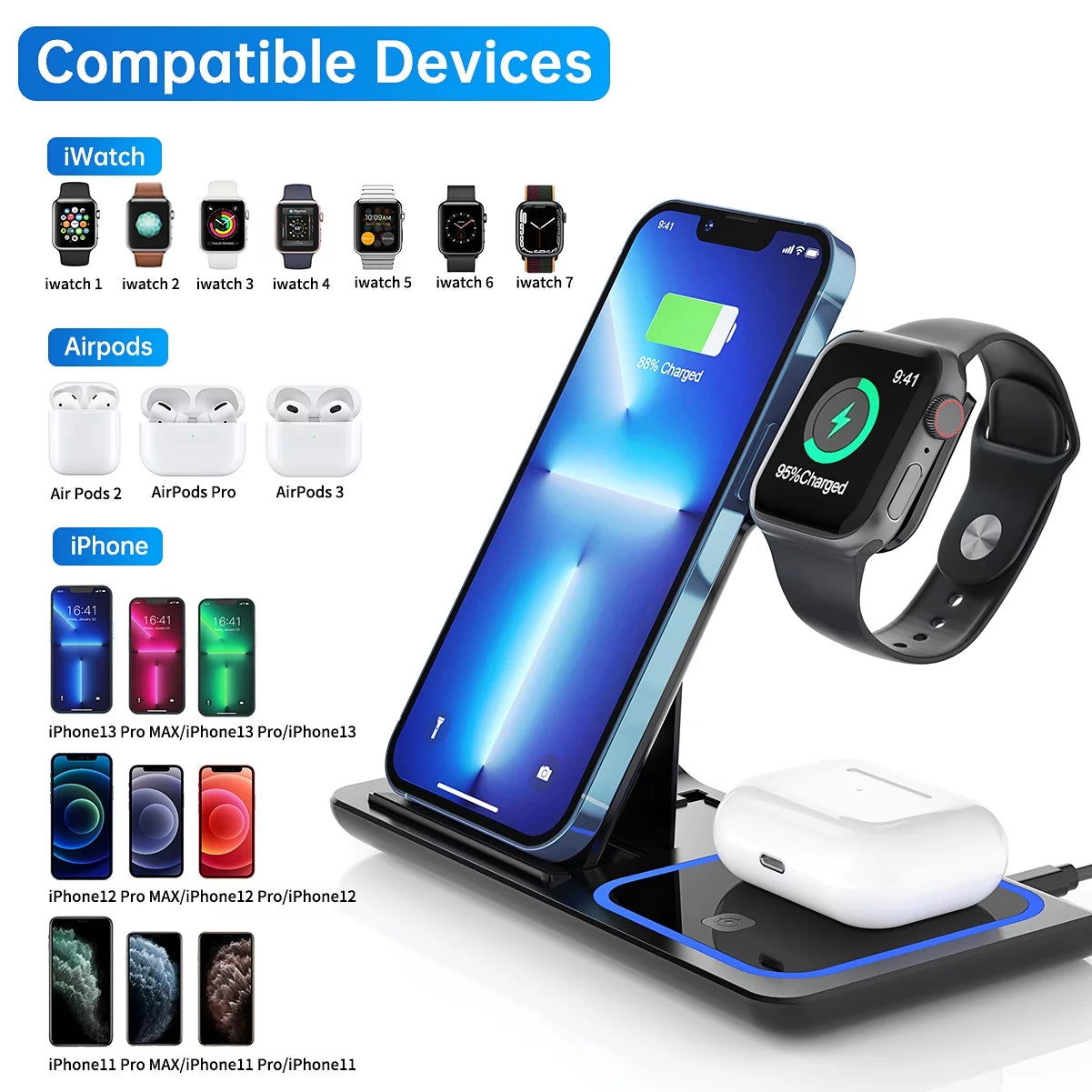 3 in 1 Wireless Charger, 18W Fast Charger Pad Stand Charging Station Dock for Iwatch Series SE 8/7/6/5/4/3 Airpods Pro/3/2 for Iphone 15/14/13/12 /11/Pro Max/12 Mini /XR (With QC3.0 Adapter) 2668south