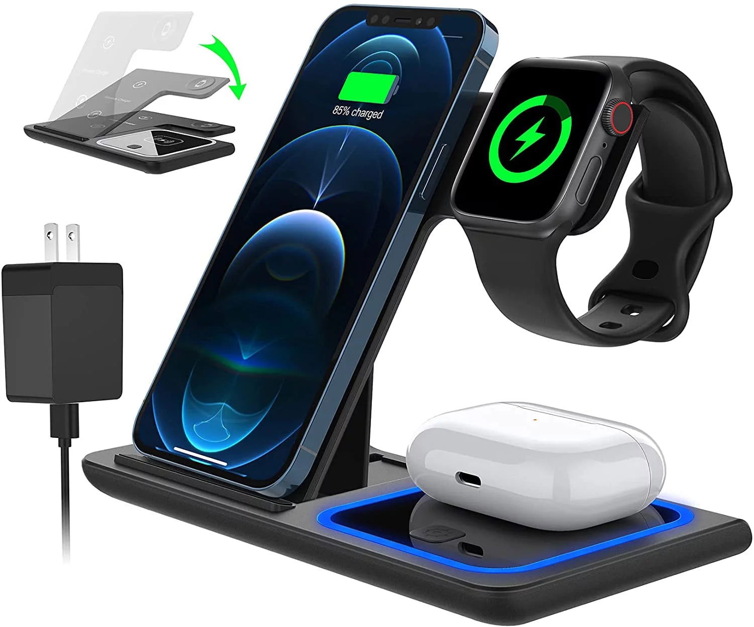 3 in 1 Wireless Charger, 18W Fast Charger Pad Stand Charging Station Dock for Iwatch Series SE 8/7/6/5/4/3 Airpods Pro/3/2 for Iphone 15/14/13/12 /11/Pro Max/12 Mini /XR (With QC3.0 Adapter) 2668south