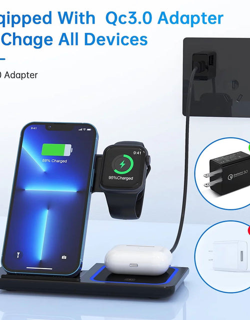 Load image into Gallery viewer, 3 in 1 Wireless Charger, 18W Fast Charger Pad Stand Charging Station Dock for Iwatch Series SE 8/7/6/5/4/3 Airpods Pro/3/2 for Iphone 15/14/13/12 /11/Pro Max/12 Mini /XR (With QC3.0 Adapter) 2668south
