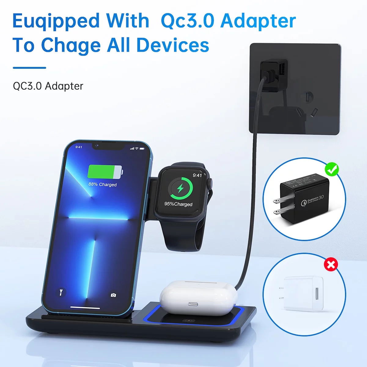 3 in 1 Wireless Charger, 18W Fast Charger Pad Stand Charging Station Dock for Iwatch Series SE 8/7/6/5/4/3 Airpods Pro/3/2 for Iphone 15/14/13/12 /11/Pro Max/12 Mini /XR (With QC3.0 Adapter) 2668south