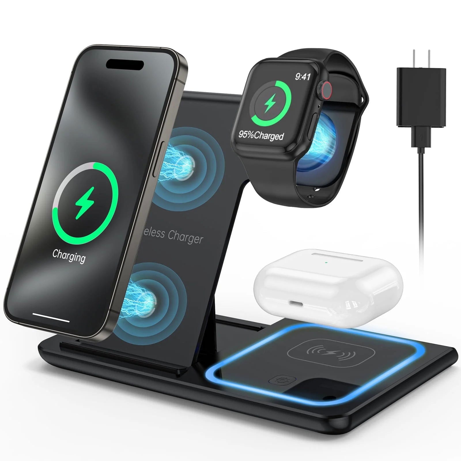 3 in 1 Wireless Charger, 18W Fast Charger Pad Stand Charging Station Dock for Iwatch Series SE 8/7/6/5/4/3 Airpods Pro/3/2 for Iphone 15/14/13/12 /11/Pro Max/12 Mini /XR (With QC3.0 Adapter) 2668south