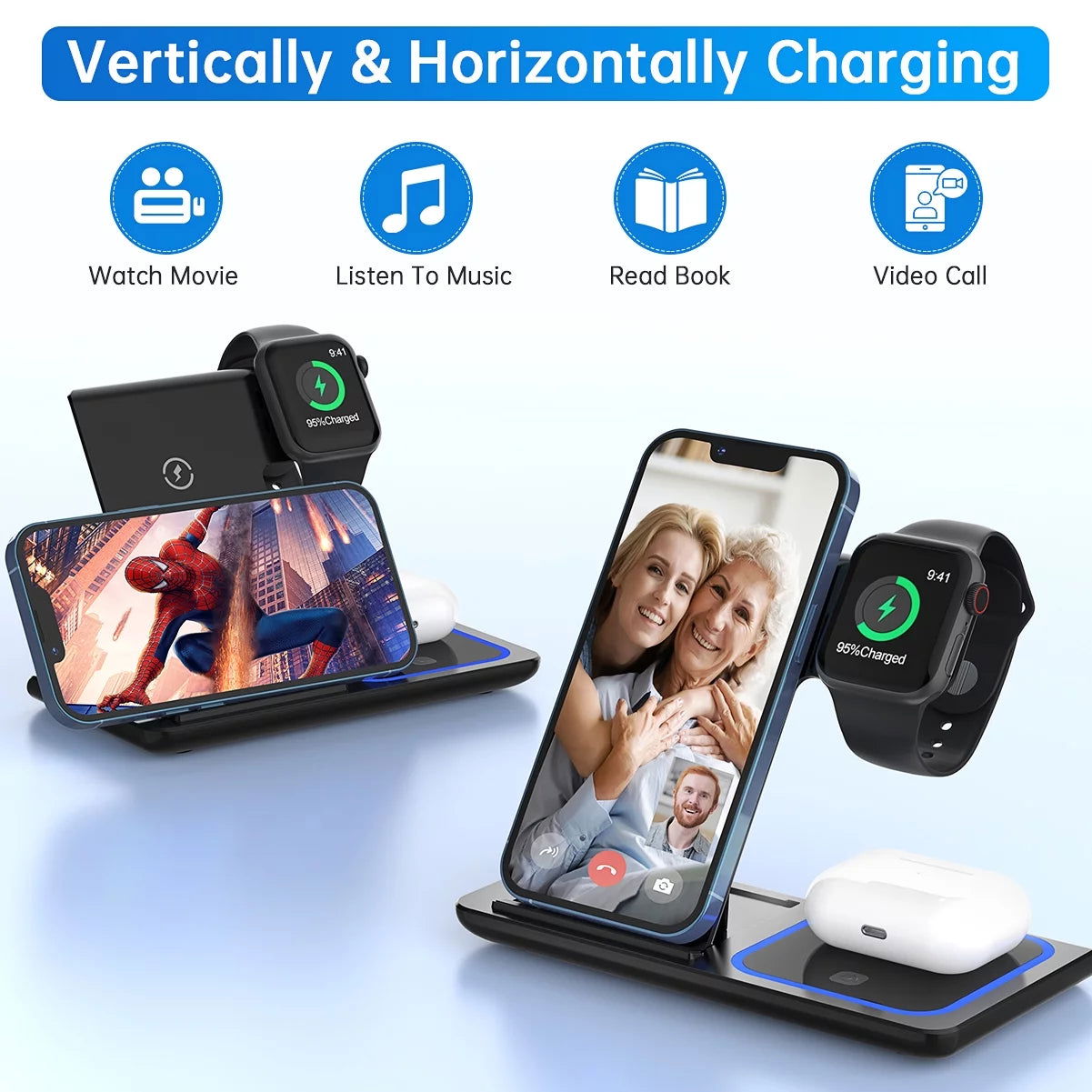 3 in 1 Wireless Charger, 18W Fast Charger Pad Stand Charging Station Dock for Iwatch Series SE 8/7/6/5/4/3 Airpods Pro/3/2 for Iphone 15/14/13/12 /11/Pro Max/12 Mini /XR (With QC3.0 Adapter) 2668south