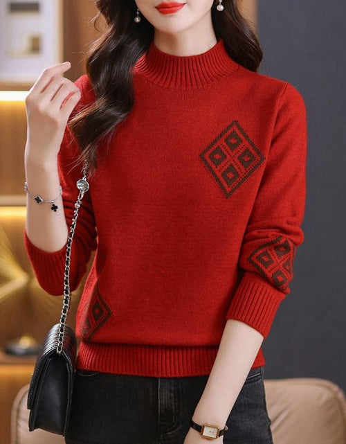 Load image into Gallery viewer, Winter Mock Neck Sweater Women&#39;s Western Style Top Plaid Colorblock Knitted My Store
