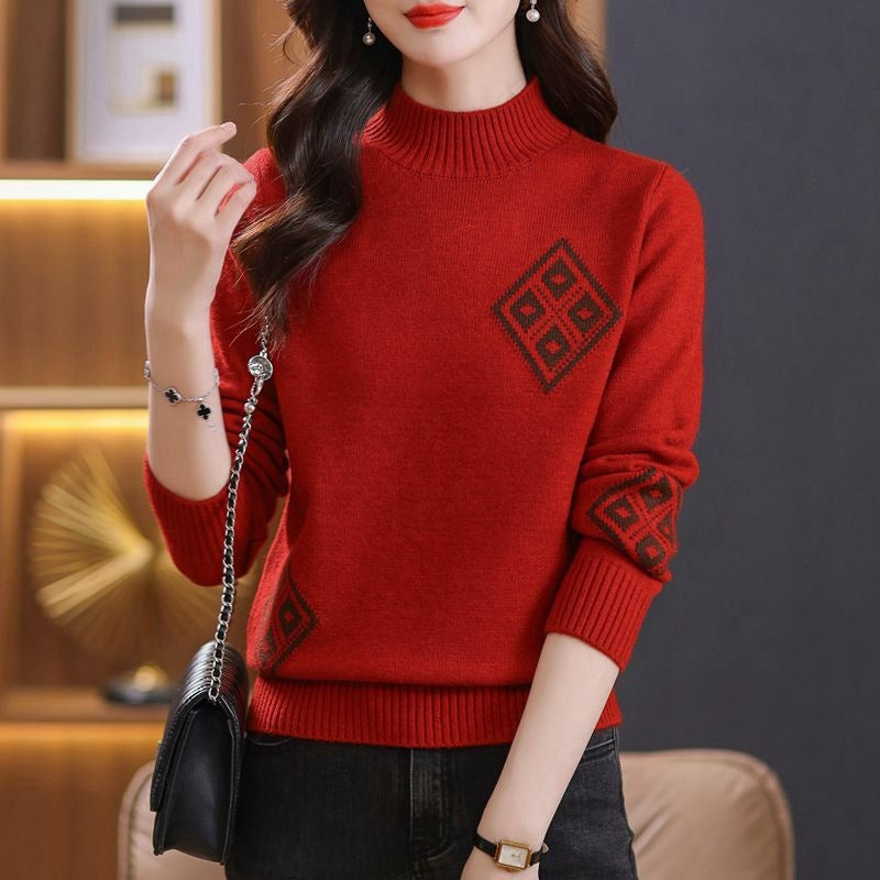 Winter Mock Neck Sweater Women's Western Style Top Plaid Colorblock Knitted My Store