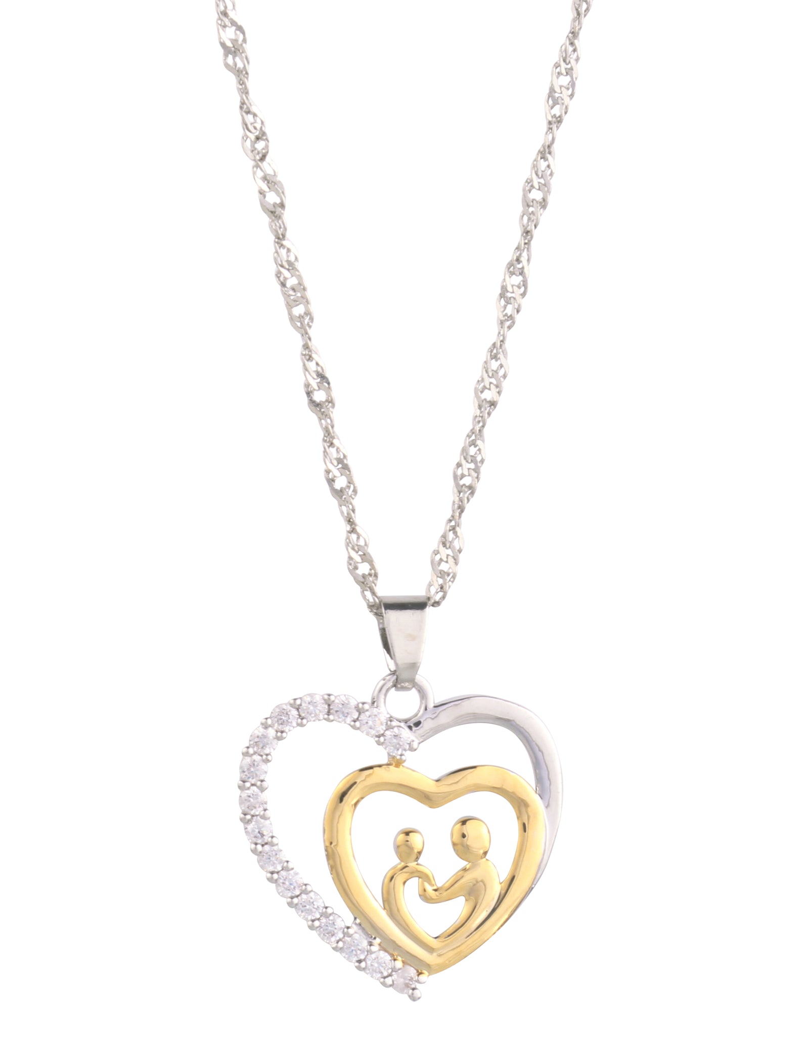 Mother and Child Pave Heart Pendant Necklace