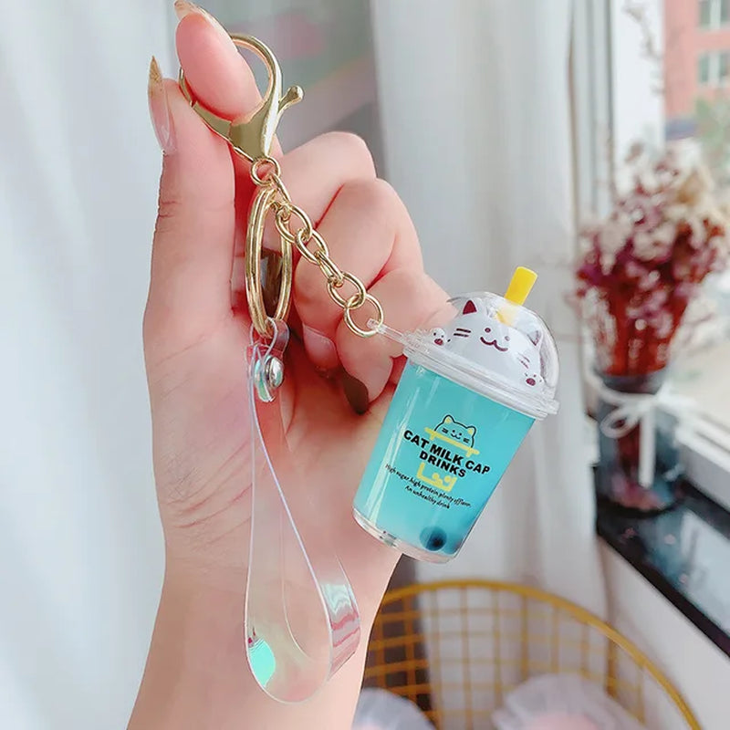 Creative Floating Unicorn Milk Tea Cup Bottle Keychain Cute Fruit Daisy Cat Bubble Tea Quicksand Sequins Liquid Car Keys Chain