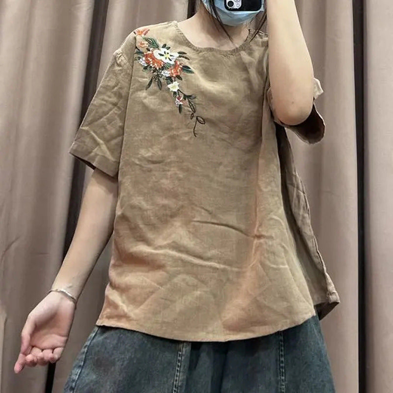 Women's Artistic Vintage Embroidery Linen Top Loose Pullover My Store