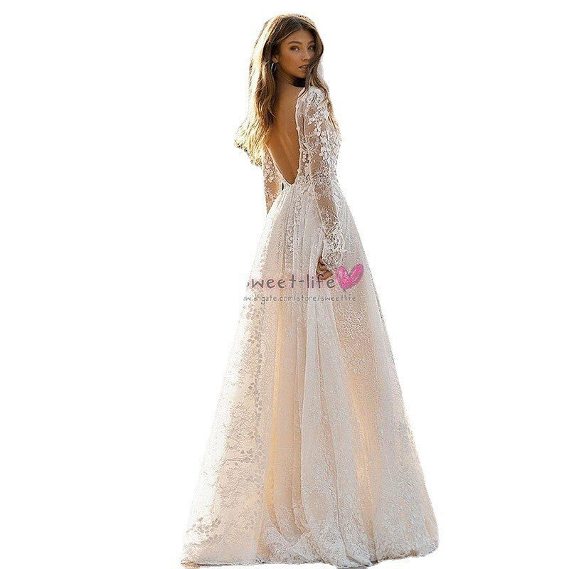 Women's Wedding Dress Lace Long Sleeve Dinner Party Gown