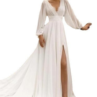 Load image into Gallery viewer, European And American High Waist Plus Size Deep V Long Sleeve Mopping Backless Wedding Dress High Slit
