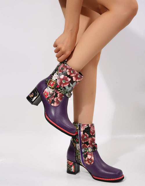 Load image into Gallery viewer, PU Leather Flower Block Heel Boots
