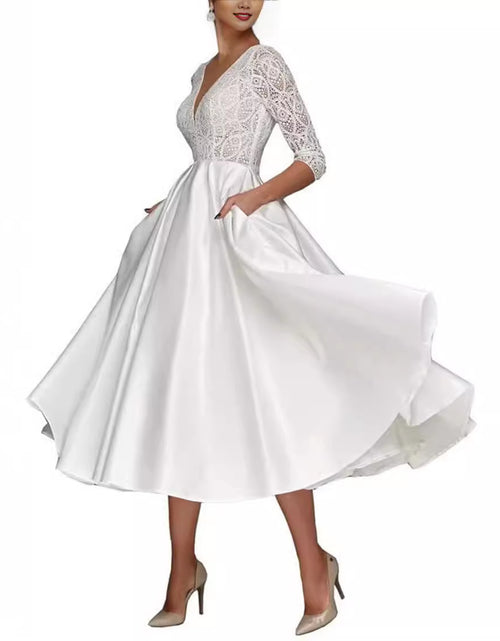 Load image into Gallery viewer, Bridal Deep V-neck Slim Lace Mid-length Long Sleeve Wedding Dress
