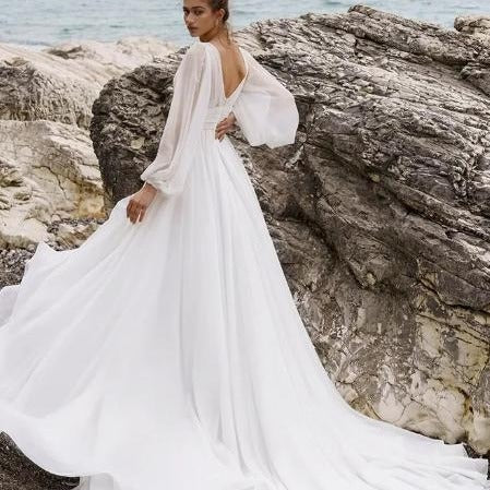 Load image into Gallery viewer, European And American High Waist Plus Size Deep V Long Sleeve Mopping Backless Wedding Dress High Slit
