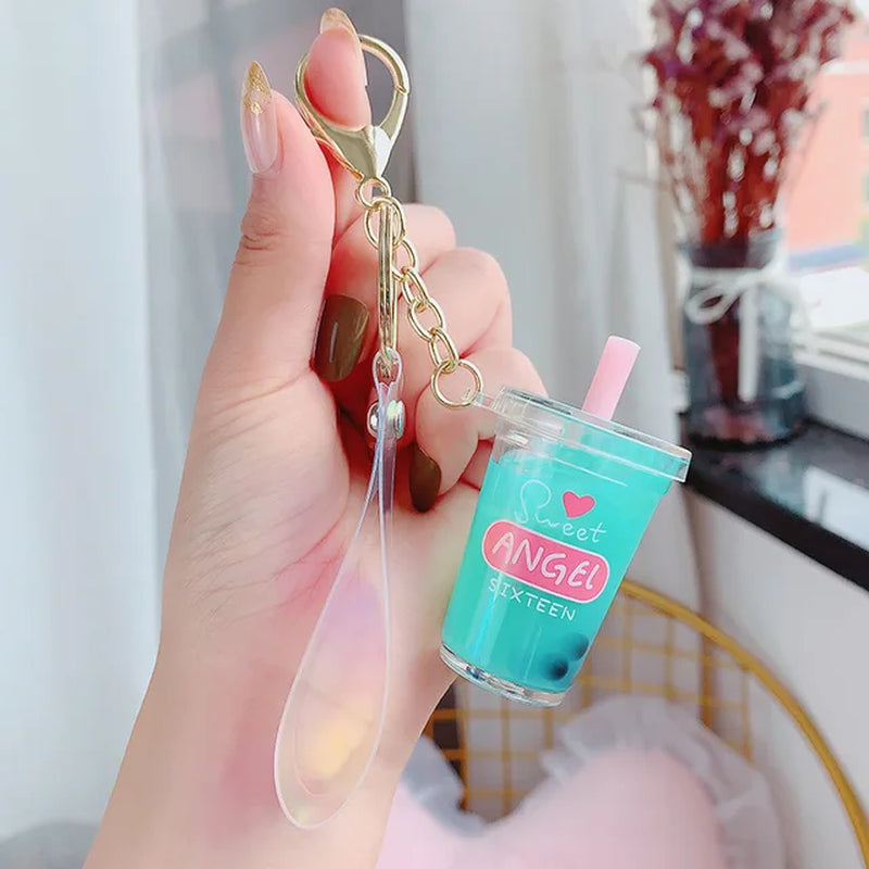 Creative Floating Unicorn Milk Tea Cup Bottle Keychain Cute Fruit Daisy Cat Bubble Tea Quicksand Sequins Liquid Car Keys Chain