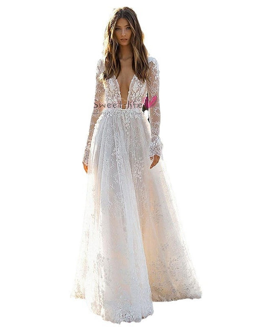 Load image into Gallery viewer, Women&#39;s Wedding Dress Lace Long Sleeve Dinner Party Gown
