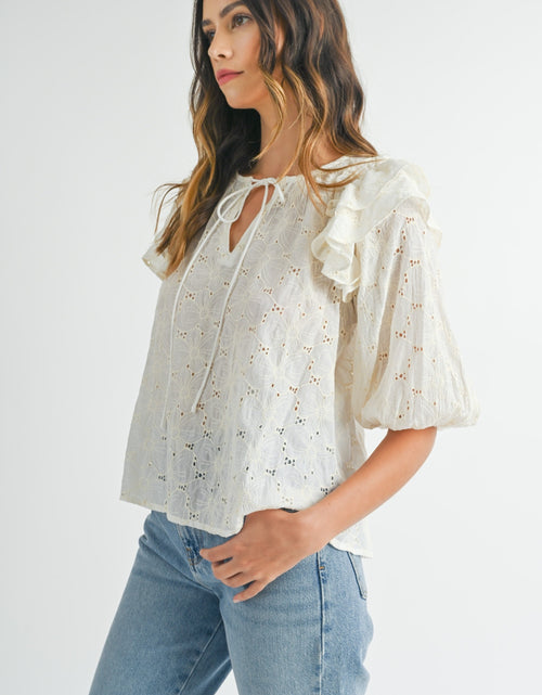 Load image into Gallery viewer, MABLE Eyelet Lace Ruffle Shoulder Puff Sleeve Blouse
