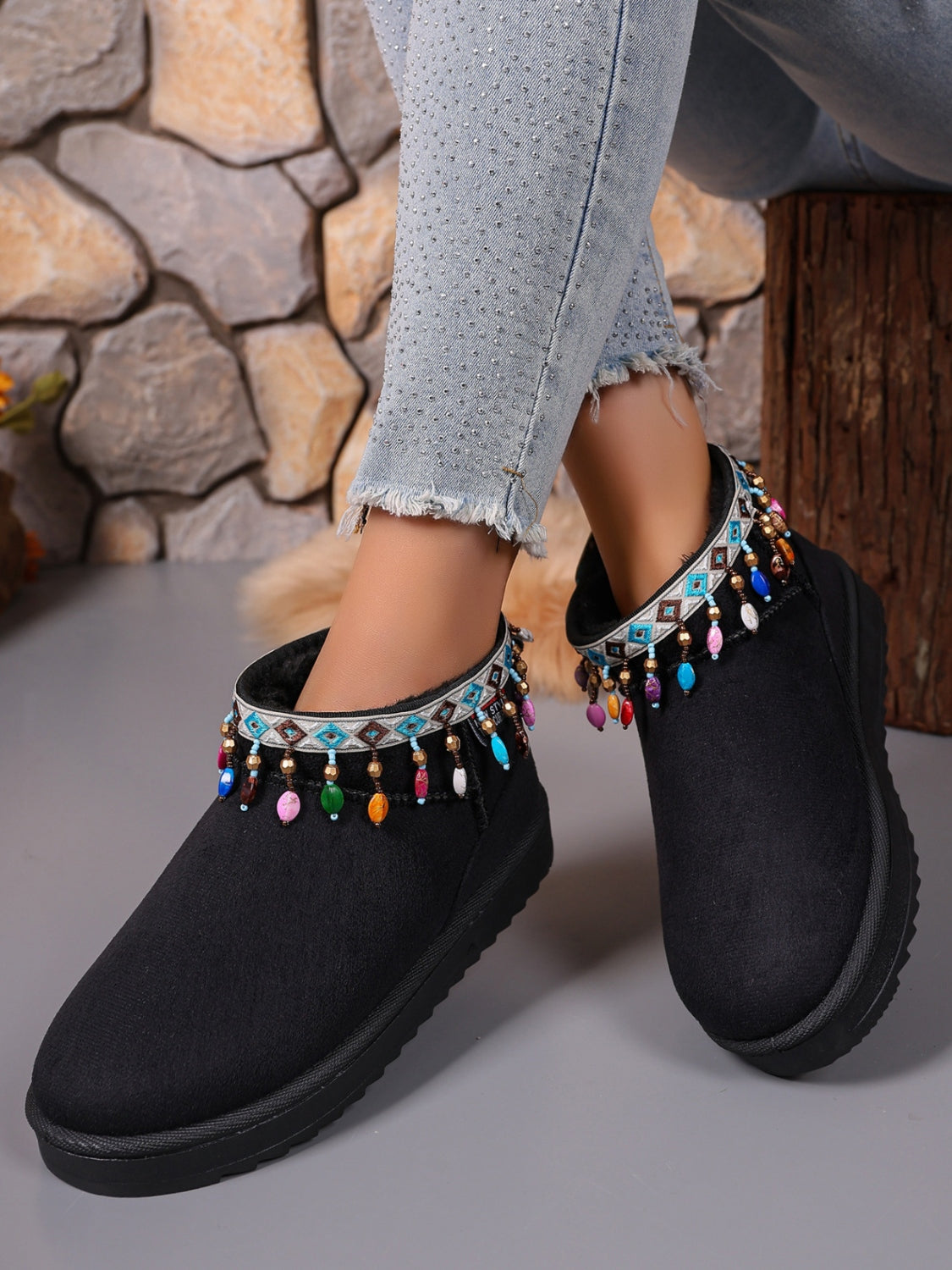 Thermal Faux Fur Beaded Platform Boots