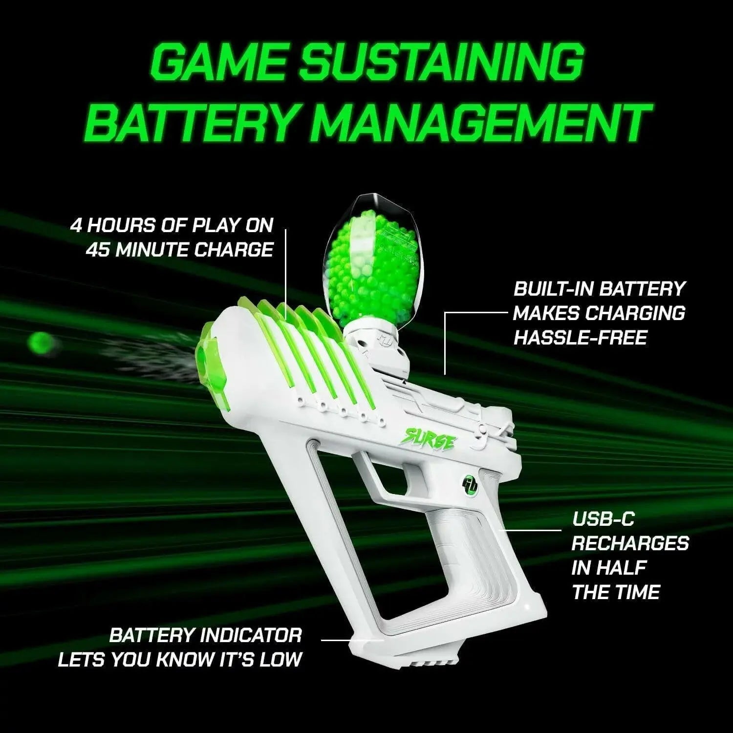 SURGE 1.5, Electric Green, Water-Based Gellet Blaster with 10,000 Electric Green Gellet Pack