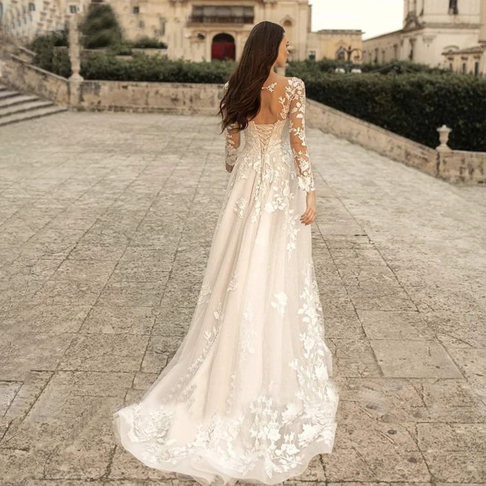 Long Sleeve Wedding Dress Mori Style Bridal Simple Round Neck