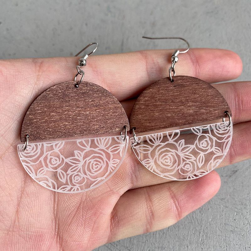 Wood Acrylic Geometric Stitching Rose Flower Lace Laser Marking Personalized Earrings My Store