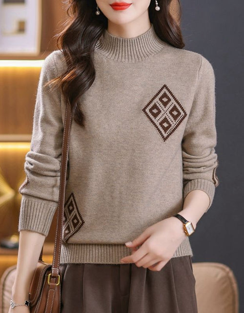 Load image into Gallery viewer, Winter Mock Neck Sweater Women&#39;s Western Style Top Plaid Colorblock Knitted My Store
