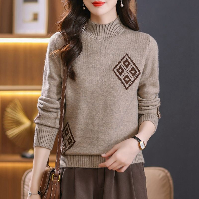 Winter Mock Neck Sweater Women's Western Style Top Plaid Colorblock Knitted My Store