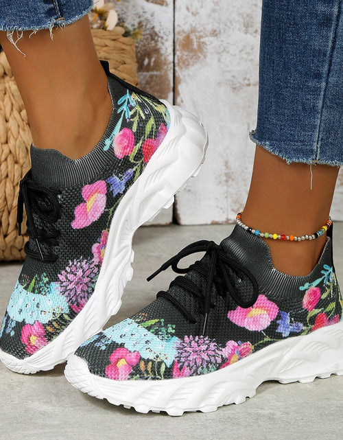 Load image into Gallery viewer, Women&#39;s Sports Shoes Flowers Print Walking Sneakers Casual Breathable Lace-up Mesh Shoes
