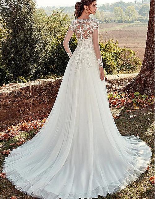 Load image into Gallery viewer, High U-neck Lace Long Sleeve A- Line Long Tail Simple Wedding Dress
