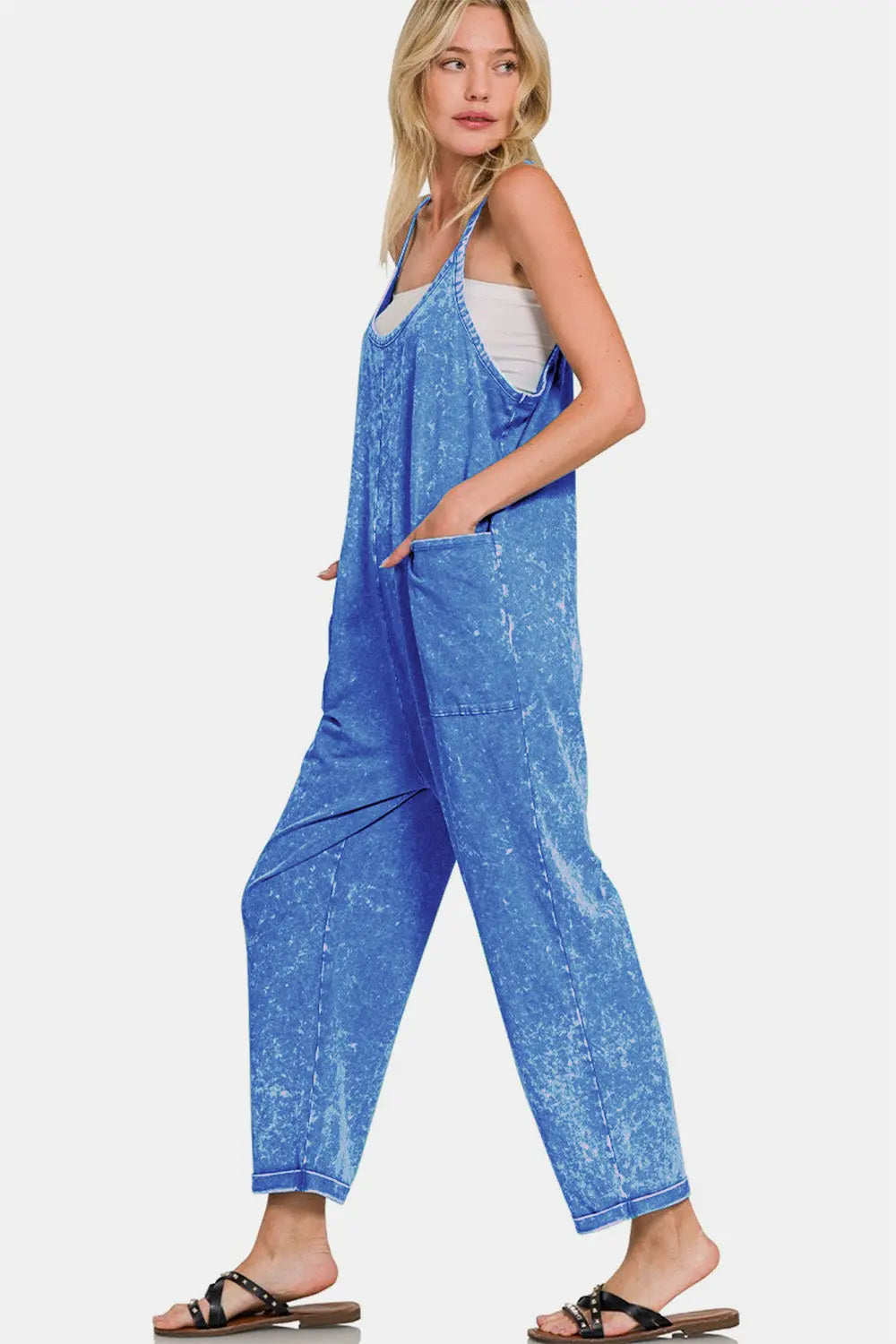 Zenana Washed Spaghetti Straps Overalls with Pockets Trendsi