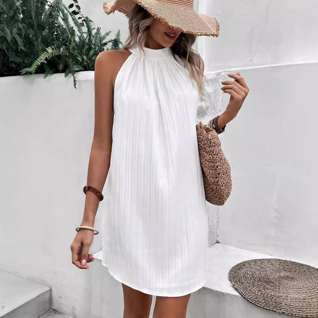 Summer High-end Sleeveless European And American Ladies Round Neck Mid-length Pleated Dress My Store