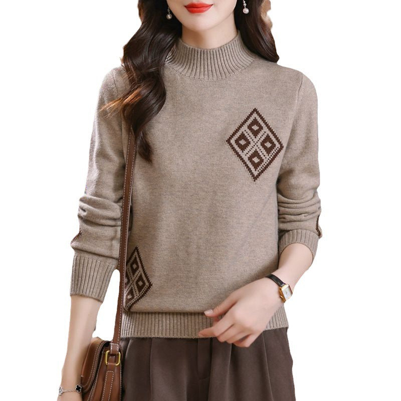 Winter Mock Neck Sweater Women's Western Style Top Plaid Colorblock Knitted My Store