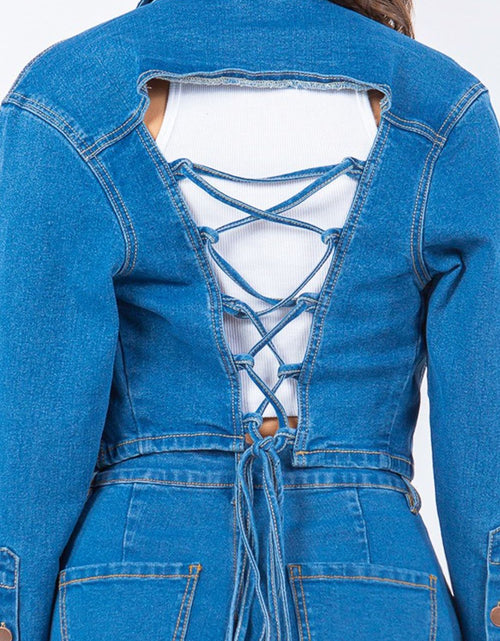 Load image into Gallery viewer, American Bazi Laced Back Cropped Denim Jacket
